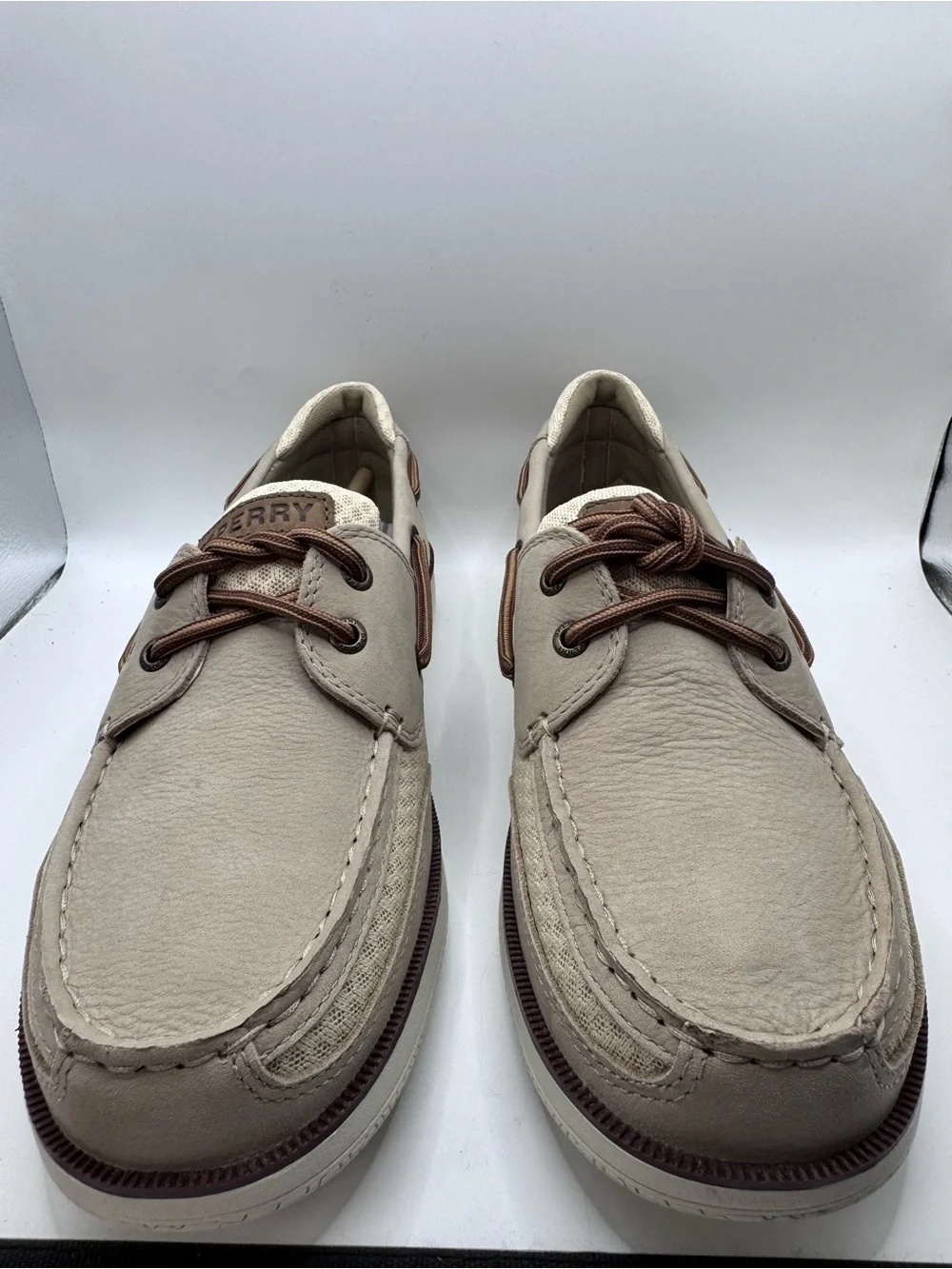 Sperry Men’s Light Beige and Brown Mesh & Leather Boat Shoe